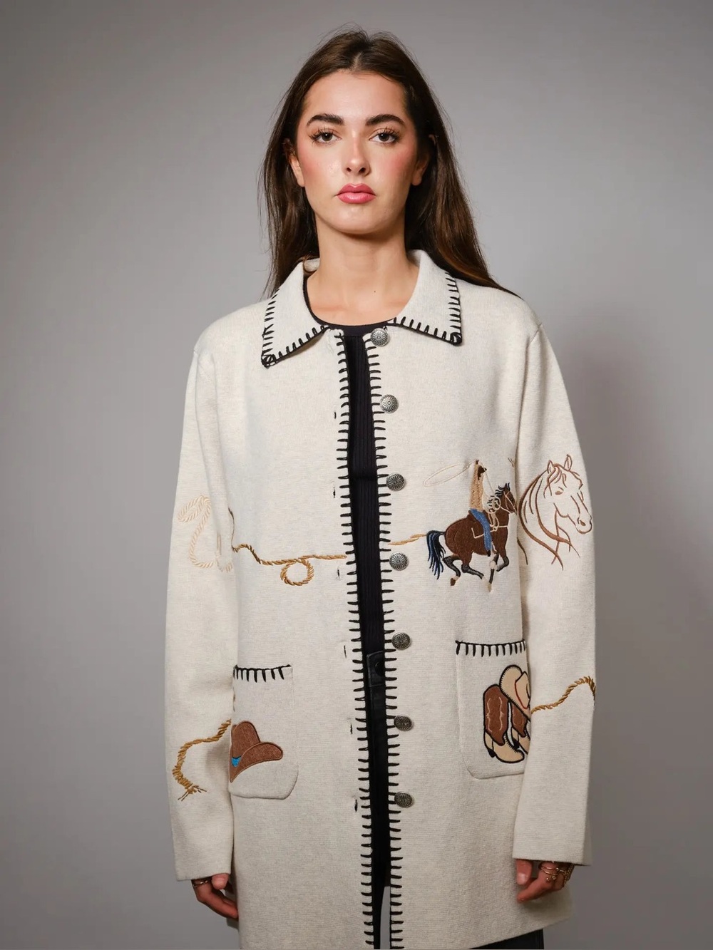 Blue B women’s rodeo western inspired embroidered motif wool sweater jacket